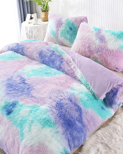 WINLIFE Shaggy Bedding Comforter Set Faux Fur Flannel Furry Comforter Plush Comforter Sets Pastel Gradient Ombre Tie Dye Purple Blue Teal Bedding for Girls Adults (3Pcs, Twin, Teal Purple) - LeafyLoom