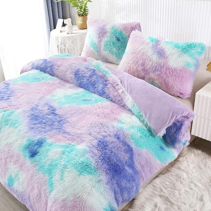 WINLIFE Shaggy Bedding Comforter Set Faux Fur Flannel Furry Comforter Plush Comforter Sets Pastel Gradient Ombre Tie Dye Purple Blue Teal Bedding for Girls Adults (3Pcs, Twin, Teal Purple) - LeafyLoom