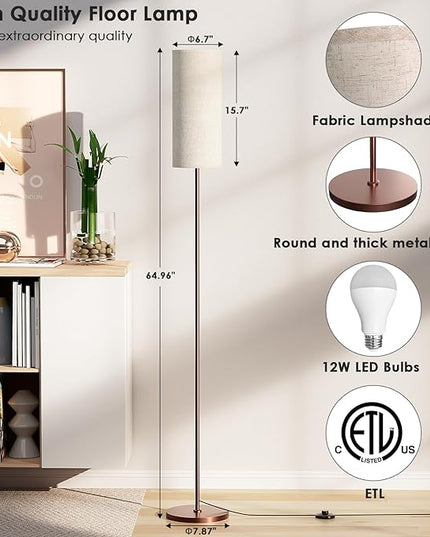 Floor Lamp for Living Room, Modern Standing lamp with Remote Control, Stepless Dimmable 12W Bulb & Beige Lampshade Included, Brown Pole Tall Floor Lamp for Bedroom Office - LeafyLoom