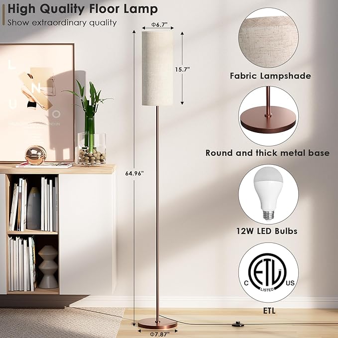 Floor Lamp for Living Room, Modern Standing lamp with Remote Control, Stepless Dimmable 12W Bulb & Beige Lampshade Included, Brown Pole Tall Floor Lamp for Bedroom Office - LeafyLoom