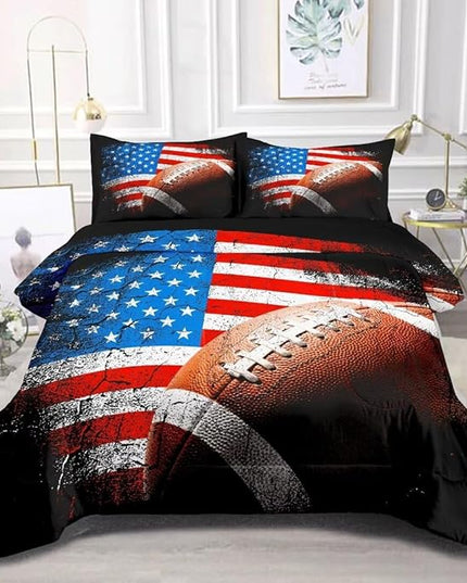 American Football Comforter Set for Boys Teens,Kids Sports Bedding Set Twin Size,USA Flag Football Printed Bedroom Sets with 2 Matching Pillow Shams - LeafyLoom