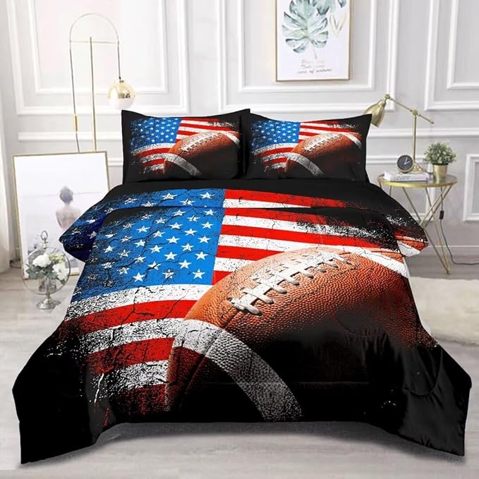 American Football Comforter Set for Boys Teens,Kids Sports Bedding Set Queen Size,USA Flag Football Printed Bedroom Sets with 2 Matching Pillow Shams - LeafyLoom