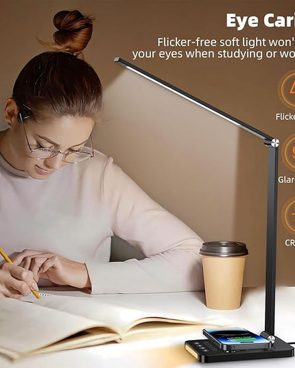 Desk Lamp with Wireless Charger, LED Table Lamps for Home Office, USB Charging Port, Blue and Warm Bedside Night Light, Touch Dimmable, Eye-Caring, Timer, with Adapter, Black - LeafyLoom