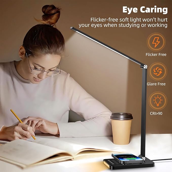 Desk Lamp with Wireless Charger, LED Table Lamps for Home Office, USB Charging Port, Blue and Warm Bedside Night Light, Touch Dimmable, Eye-Caring, Timer, with Adapter, Black - LeafyLoom