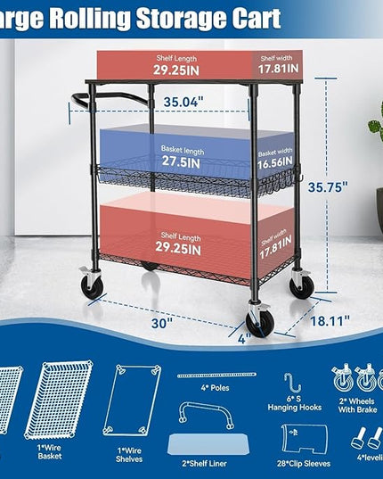 3 Tier Heavy Duty Rolling Utility Cart with Wood Top, NSF Certified Commercial Grade Rolling Carts with Wheels, Handle Bar, Shelf Liner, Trolley Serving Cart for Kitchen, Black - LeafyLoom