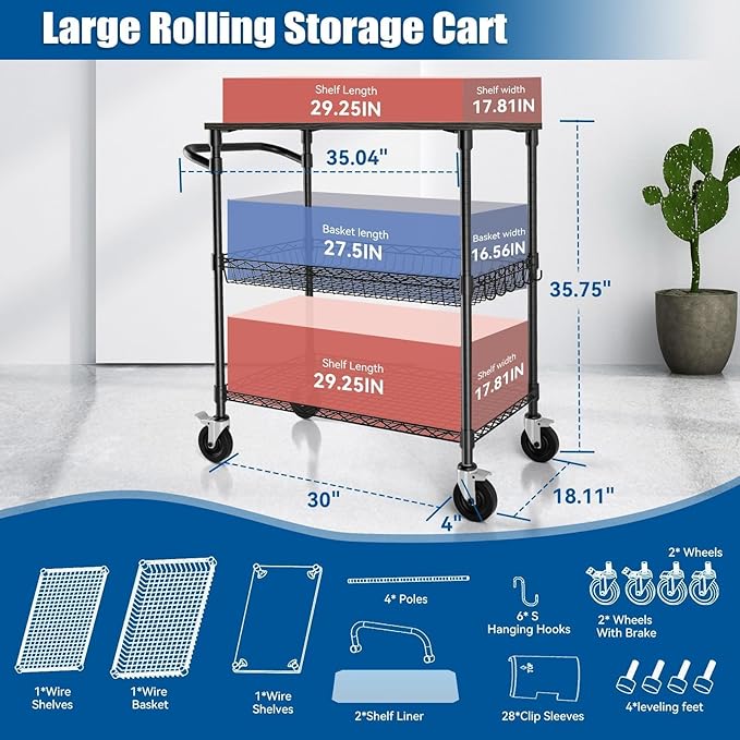3 Tier Heavy Duty Rolling Utility Cart with Wood Top, NSF Certified Commercial Grade Rolling Carts with Wheels, Handle Bar, Shelf Liner, Trolley Serving Cart for Kitchen, Black - LeafyLoom