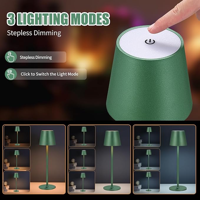 Cordless Table Lamps USB Rechargeable Simplicity Desk Lamp Built-in 4600 mAh Battery LED Battery Operated lamp with Touch Control Table lamp - Bedroom/Desk/Reading/Patio(Green) - LeafyLoom
