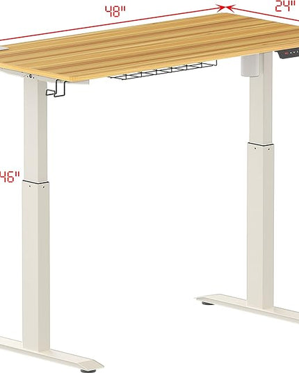 SHW Electric Height Adjustable Standing Desk with Hanging Hooks and Cable Management, 48 x 24 Inches, Oak - LeafyLoom