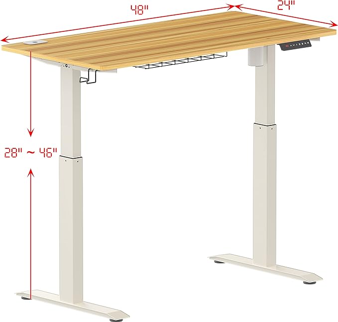 SHW Electric Height Adjustable Standing Desk with Hanging Hooks and Cable Management, 48 x 24 Inches, Oak - LeafyLoom