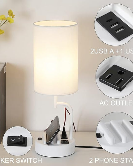 Dreamholder Table Lamp with 3 USB Charging Ports, Modern Desk Lamp with AC Outlet and Phone Stands, Perfect Bedside Lamp for Bedroom, Living Room, Office (Pack of 2), White - LeafyLoom