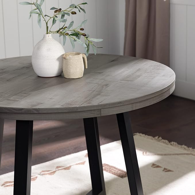 Walker Edison Rustic Solid Wood Distressed Round Kitchen Dining Room Table, 42 Inch, Grey - LeafyLoom
