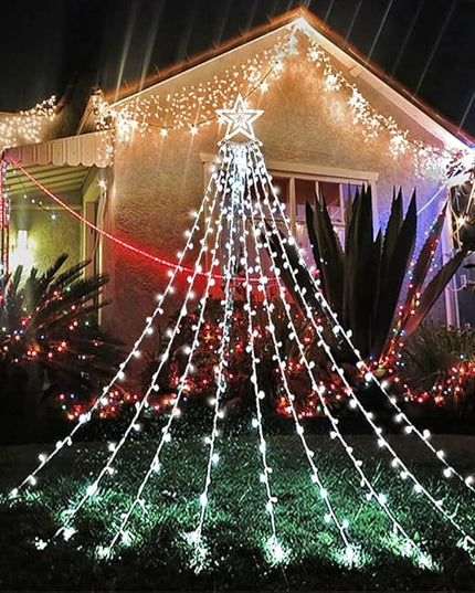 Aokudoni Christmas Decorations Outside, 12.6FT 350 LED 8 Modes Star Christmas Lights Outdoor, Christmas Lights for House Yard Porch Holiday Decoration, Cool White Aokudoni