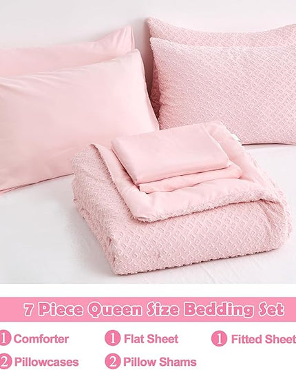 Queen Size Tufted Kids Comforter Set 7 Piece Pink Jacquard Tufts Embroidery Bedding Set for Boys Girls Bed in A Bag Quilt with 1 Comforter, 1 Flat Sheet, 1 Fitted Sheet, 2 Pillowcase and 2 Pillow Sham - LeafyLoom
