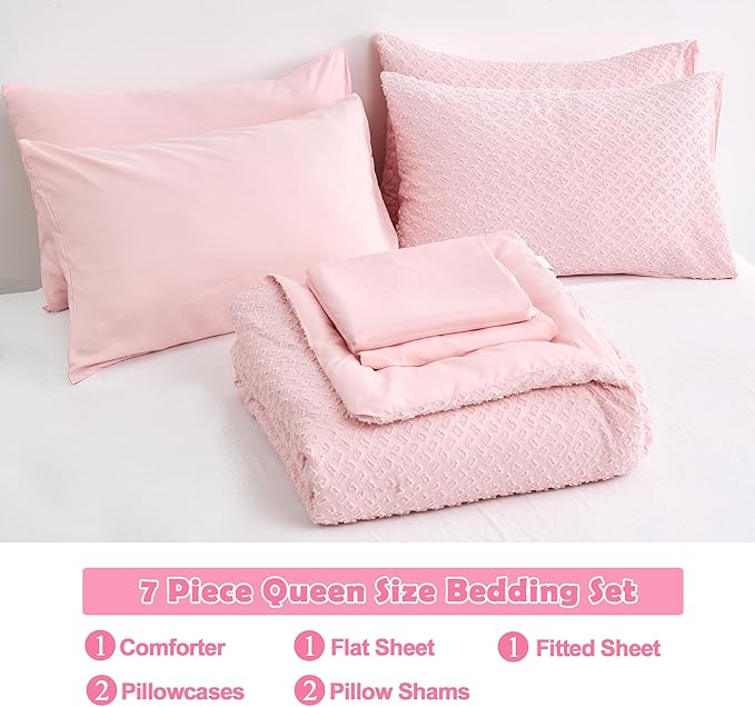 Queen Size Tufted Kids Comforter Set 7 Piece Pink Jacquard Tufts Embroidery Bedding Set for Boys Girls Bed in A Bag Quilt with 1 Comforter, 1 Flat Sheet, 1 Fitted Sheet, 2 Pillowcase and 2 Pillow Sham - LeafyLoom