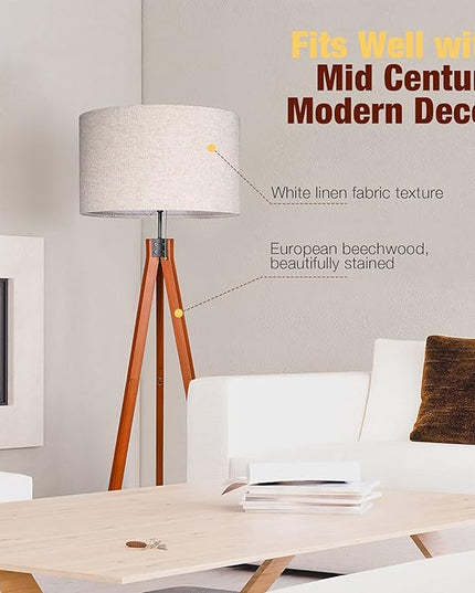 Wood Tripod Floor Lamp, 3 Color Temperatures Mid Century Modern Boho Floor Lamp, Tall Standing Lamps for Living Room Bedroom Office, Flaxen Lamp Shade with E26 Lamp Base - LeafyLoom