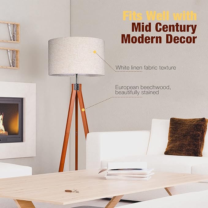 Wood Tripod Floor Lamp, 3 Color Temperatures Mid Century Modern Boho Floor Lamp, Tall Standing Lamps for Living Room Bedroom Office, Flaxen Lamp Shade with E26 Lamp Base - LeafyLoom