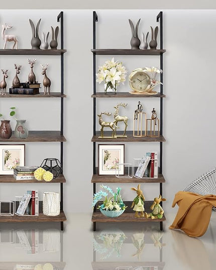 5 Tiers Ladder Shelf 2-Piece Black Modern Tall Bookshelf Open Large Tall Wall Mount Storage Bookcase Standing Leaning Wall Shelves Industrial Decorative - LeafyLoom