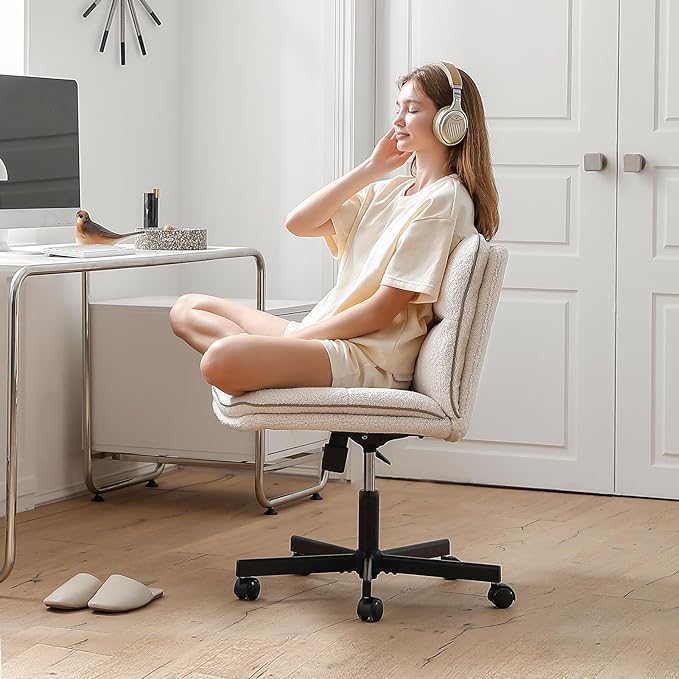 EMIAH Armless Office Desk Chair with Wheels Faux Fur Vanity Mid-Back Ergonomic Home Computer Comfortable Adjustable Swivel Furry Task Chair with Thickened Cushion - LeafyLoom