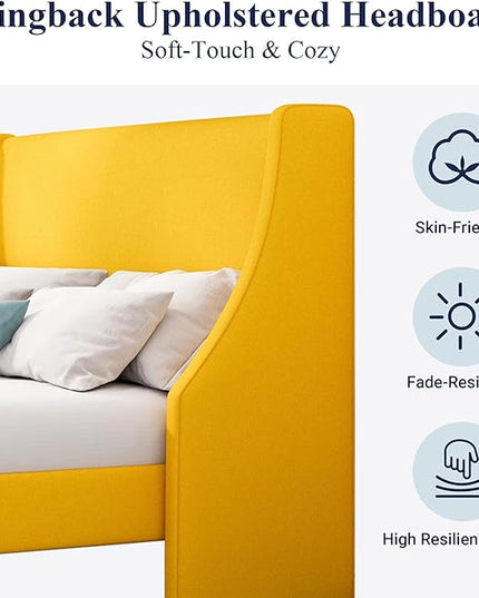 Allewie Queen Bed Frame, Platform Bed Frame Queen Size with Upholstered Headboard, Modern Deluxe Wingback, Wood Slat Support, Mattress Foundation, Light Yellow - LeafyLoom