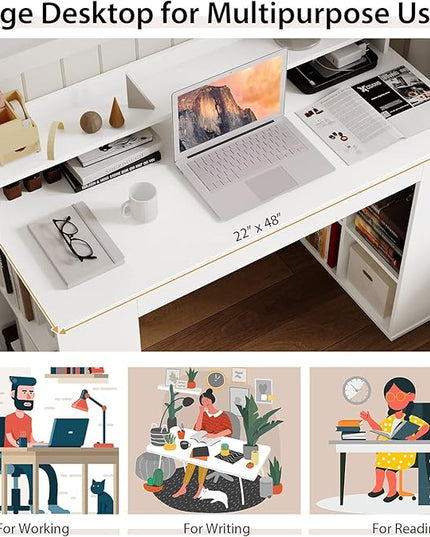 Computer Desk with Bookshelf, 48” Home Office Desk with 2 Open Shelves of 10 Cubbies, Monitor Shelf, Writing Desk Computer Workstation for Home, Office, Bedroom - LeafyLoom