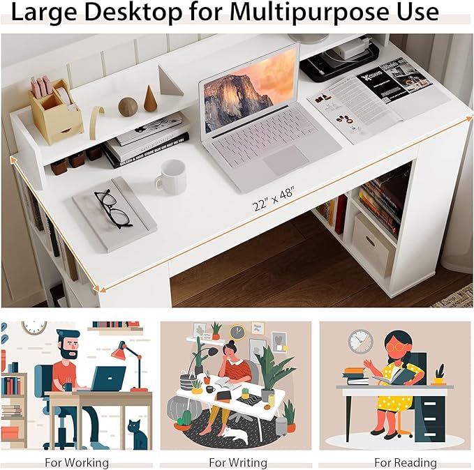 Computer Desk with Bookshelf, 48” Home Office Desk with 2 Open Shelves of 10 Cubbies, Monitor Shelf, Writing Desk Computer Workstation for Home, Office, Bedroom - LeafyLoom