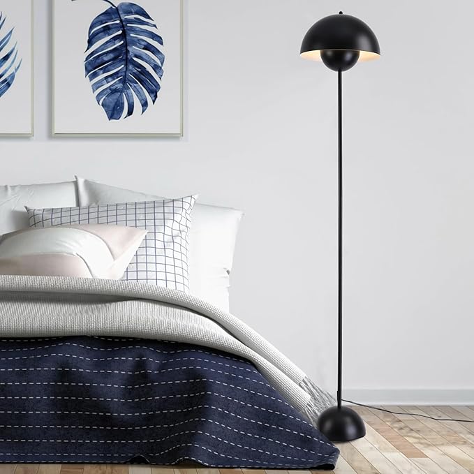 Modern Floor Lamp for Bedroom, 63'' Industrial Corner Floor Lamp for Living Room, Metal Arched Shade Tall Standing Lamp for Office, Reflecting Light Reading Floor Lamp, Black - LeafyLoom