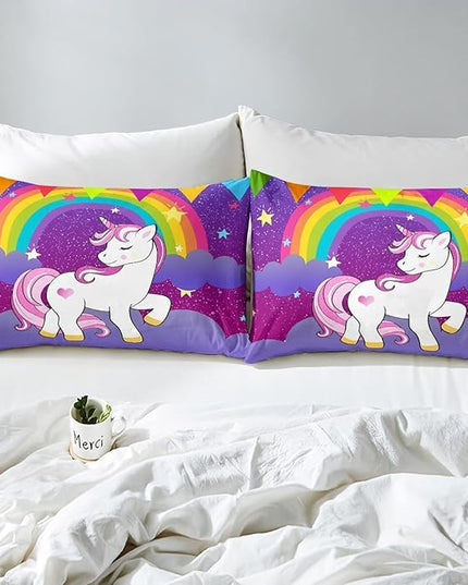 Girls Unicorn Comforter Set King Girls Bedding Set Cute Rainbow Unicorn Print Down Comforter Kids Cartoon Kawaii Duvet Set Galaxy Stars Fantasy Girls Room Decor Children Unicorn Reversible Purple - LeafyLoom