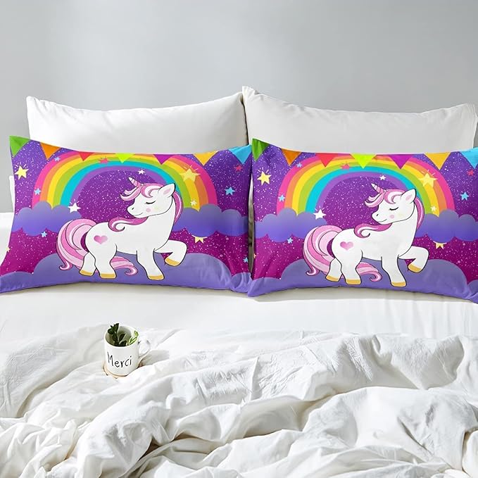 Girls Unicorn Comforter Set King Girls Bedding Set Cute Rainbow Unicorn Print Down Comforter Kids Cartoon Kawaii Duvet Set Galaxy Stars Fantasy Girls Room Decor Children Unicorn Reversible Purple - LeafyLoom