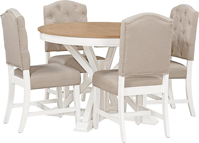 RITSU 5-Piece Retro Style Dinette Sets with Round Extendable Kitchen Dining Table, 4 Upholstered Chairs, for Diningroom Living Room, Easy to Assemble, Oak Natural Wood + OFF White - LeafyLoom