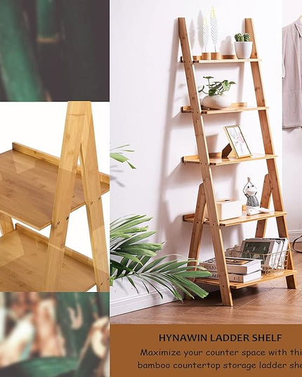 HYNAWIN Corner Ladder Shelf Storage Shelving, 5 Tier Books/CDs/Albums/Files Holder in Living Room Home Office,Simple Assembly - LeafyLoom