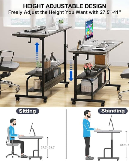 Height Adjustable Standing Desk with Power Outlets, 47" Manual Stand Up Desk with Storage Shelves Small Mobile Rolling Computer Desk Portable Laptop Table with Wheels for Home Office, Grey Oak - LeafyLoom