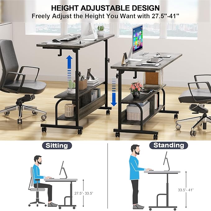 Height Adjustable Standing Desk with Power Outlets, 47" Manual Stand Up Desk with Storage Shelves Small Mobile Rolling Computer Desk Portable Laptop Table with Wheels for Home Office, Grey Oak - LeafyLoom