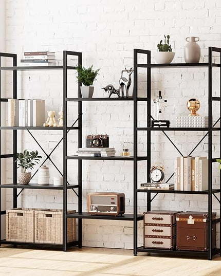 NUMENN Triple Wide 4 Tier Bookshelf, Adjustable Rustic Industrial Style Bookcases with 11 Open Display Shelves, Modern Tall Bookcase Furniture for Bedroom, Living Room and Home Office, Black - LeafyLoom