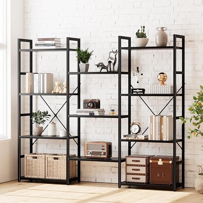 NUMENN Triple Wide 4 Tier Bookshelf, Adjustable Rustic Industrial Style Bookcases with 11 Open Display Shelves, Modern Tall Bookcase Furniture for Bedroom, Living Room and Home Office, Black - LeafyLoom
