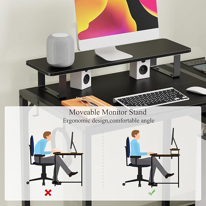 Gaming Desk with Led Lights & Power Outlets, 40 Small Gaming Computer Desk with Drawers, Reversible Gamer Desk with Monitor Stand,Work for Home Office,Writing Study Table for Bedroom,Black - LeafyLoom