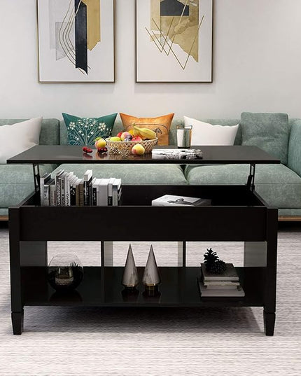 Lift Top Coffee Table, Coffee Table with Open Shelves and Lift Top Design, Modern Center Tables for Living Room, Home, Office, Black - LeafyLoom