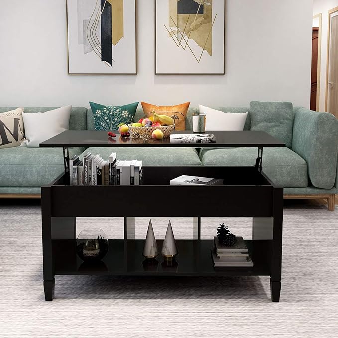Lift Top Coffee Table, Coffee Table with Open Shelves and Lift Top Design, Modern Center Tables for Living Room, Home, Office, Black - LeafyLoom