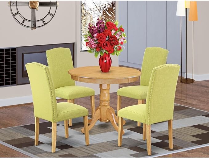 East West Furniture ANEN5-OAK-07 Antique 5 Piece Kitchen Set for 4 Includes a Round Room Table with Pedestal and 4 Limelight Linen Fabric Parson Dining Chairs, 36x36 Inch - LeafyLoom