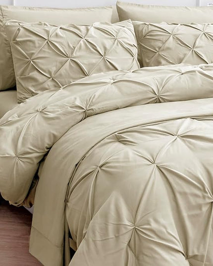 LANE LINEN King Comforter Set, 7 Piece King Size Bedding Set, Pintuck King Size Comforter Set with Sheets, Pillowcases & Shams, Soft King Bed in a Bag Set, King Size Bedding Set, King Bed Set - Linen - LeafyLoom