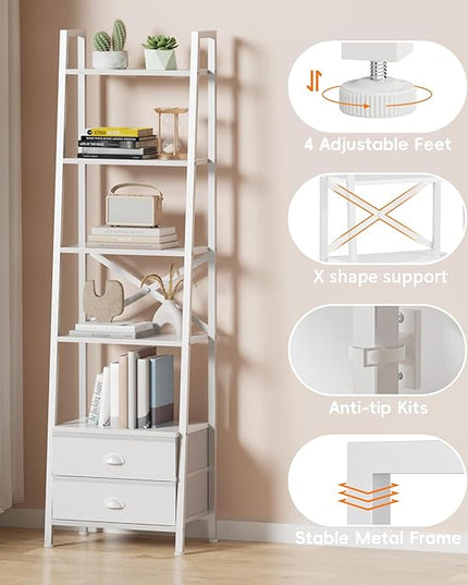 Furologee 5-Tier Ladder Shelf with 2 Drawers,Narrow Bookshelf Storage Shelves,Industrial Bookcase Freestanding Shelf Units for Bedroom,Living Room,Bathroom,Home Office,Balcony,Wood Metal, White - LeafyLoom