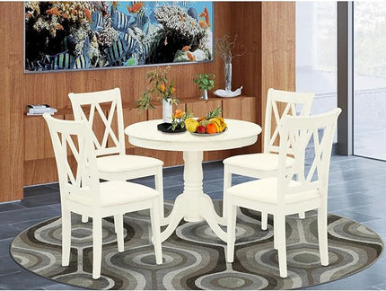 East West Furniture ANCL5-LWH-C Antique 5 Piece Room Set Includes a Round Wooden Table with Pedestal and 4 Linen Fabric Kitchen Dining Chairs, 36x36 Inch - LeafyLoom