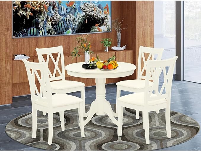 East West Furniture ANCL5-LWH-C Antique 5 Piece Room Set Includes a Round Wooden Table with Pedestal and 4 Linen Fabric Kitchen Dining Chairs, 36x36 Inch - LeafyLoom