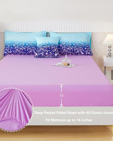 PERFEMET Blue Purple Girls Twin Comforter Set with Sheets, 6Pcs Glitter Tie Dye Rainbow Kids Girls Bedding Sets, Sparkle Gradient Ombre Bed in A Bag for Bedroom Decor - LeafyLoom