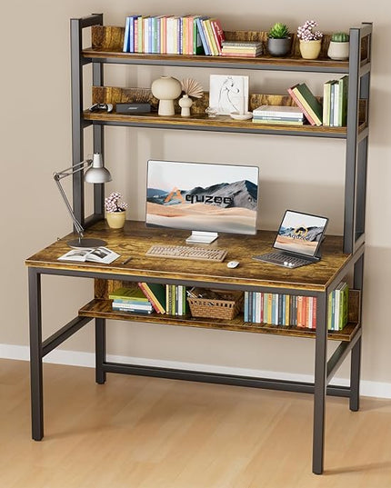 Aquzee Computer Desk with Hutch Bookshelves, 55 Inch Home Office Writing Desk with Space Saving Design, Gaming Table Organized Desk with Storage Shelves Bookshelf Easy Assemble, Rustic Brown - LeafyLoom