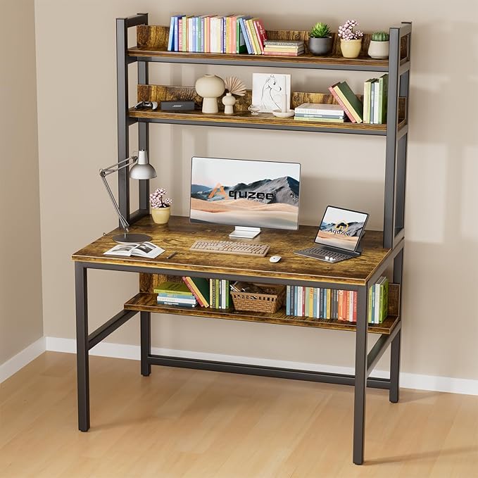 Aquzee Computer Desk with Hutch Bookshelves, 55 Inch Home Office Writing Desk with Space Saving Design, Gaming Table Organized Desk with Storage Shelves Bookshelf Easy Assemble, Rustic Brown - LeafyLoom
