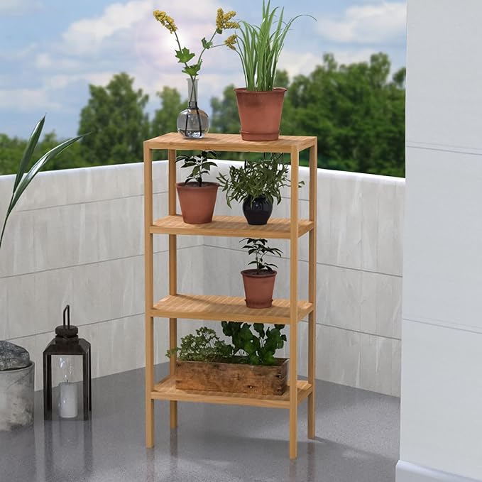 4 Tier Bamboo Shelf, Freestanding Book Shelf Bookcase Storage Rack for Bathroom Kitchen Living Room - LeafyLoom