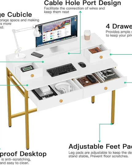 Elephance Small Computer Desk with Monitor Stand 39.37" Home Office Desk with 4 Drawers Study Writing Desk Gaming Table for Small Space - LeafyLoom