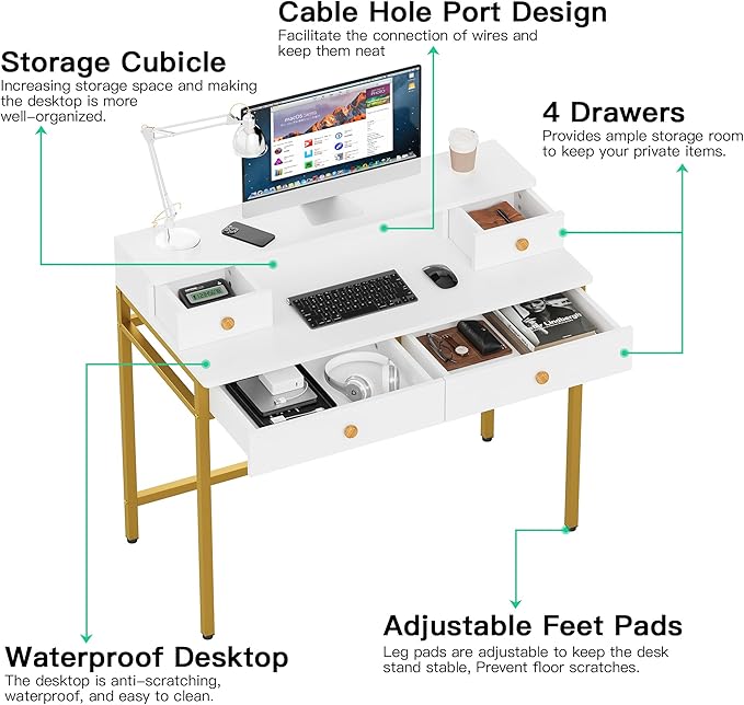Elephance Small Computer Desk with Monitor Stand 39.37" Home Office Desk with 4 Drawers Study Writing Desk Gaming Table for Small Space - LeafyLoom