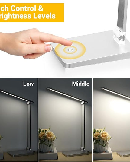 LED Desk Lamp for Home Office, 3 Levels Dimmable Desk Light with USB Charging Port, Small Study Lamp, Reading Light for Table, Sliver, 5000K - LeafyLoom