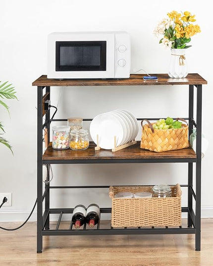 HOOBRO Kitchen Island with Storage, Kitchen Island Table with Power Outlet, 3 Tier Coffee Station and Microwave Stand, for Home, Kitchen and Dining Room, Rustic Brown and Black BF021ZD01 - LeafyLoom